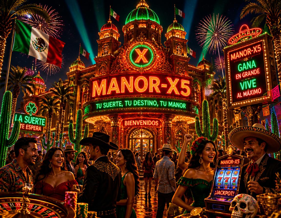 MANOR-X5 - casino welcome visual MANOR-X5 casino lobby with slot reels, table games, and mobile navigation