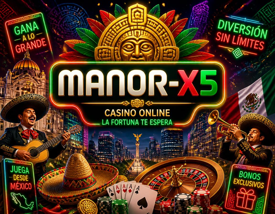 MANOR-X5 - visual principal de casino movil Escena de juego movil de MANOR-X5 con iconos de casino, monedas y elementos de acceso a la cuenta